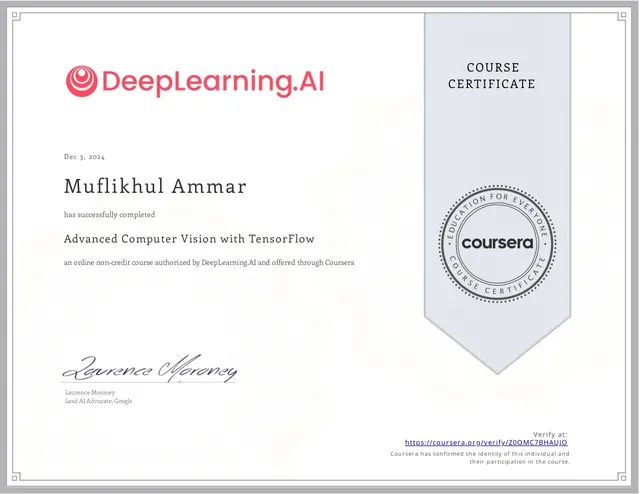 Sertifikat Advanced Computer Vision with TensorFlow