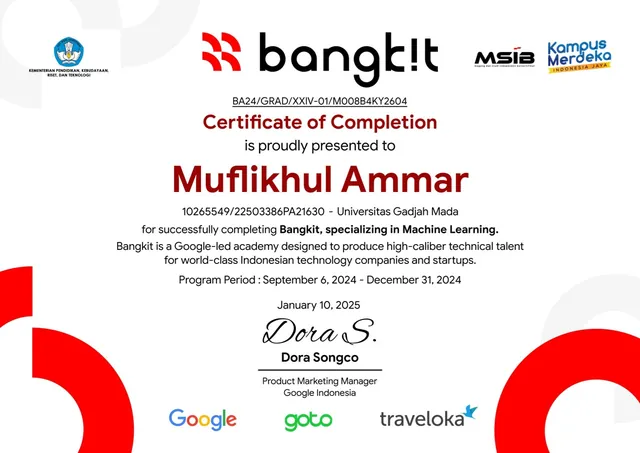 Sertifikat kelulusan Bangkit Academy Machine Learning