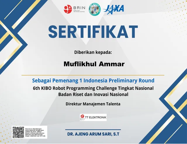 Sertifikat BRIN Pemenang 1 Indonesia Preliminary Round atas nama Muflikhul Ammar